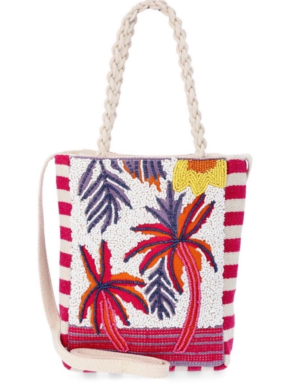 Beaded Tropical Palm Tote Bag - Pink & Cream